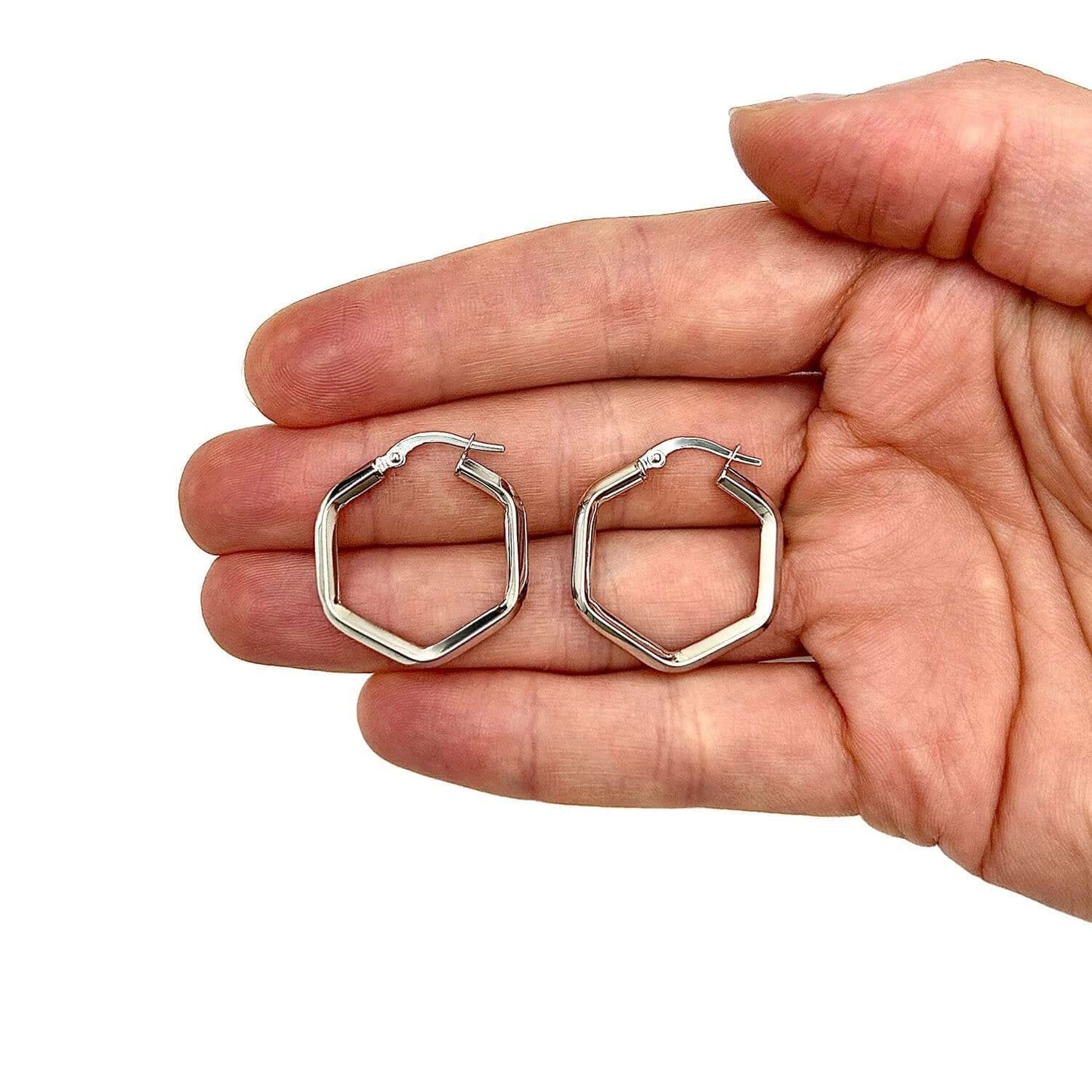 14K Gold Yellow White Rose Hexagon Honeycomb Hoop Hinged Earrings 23mm