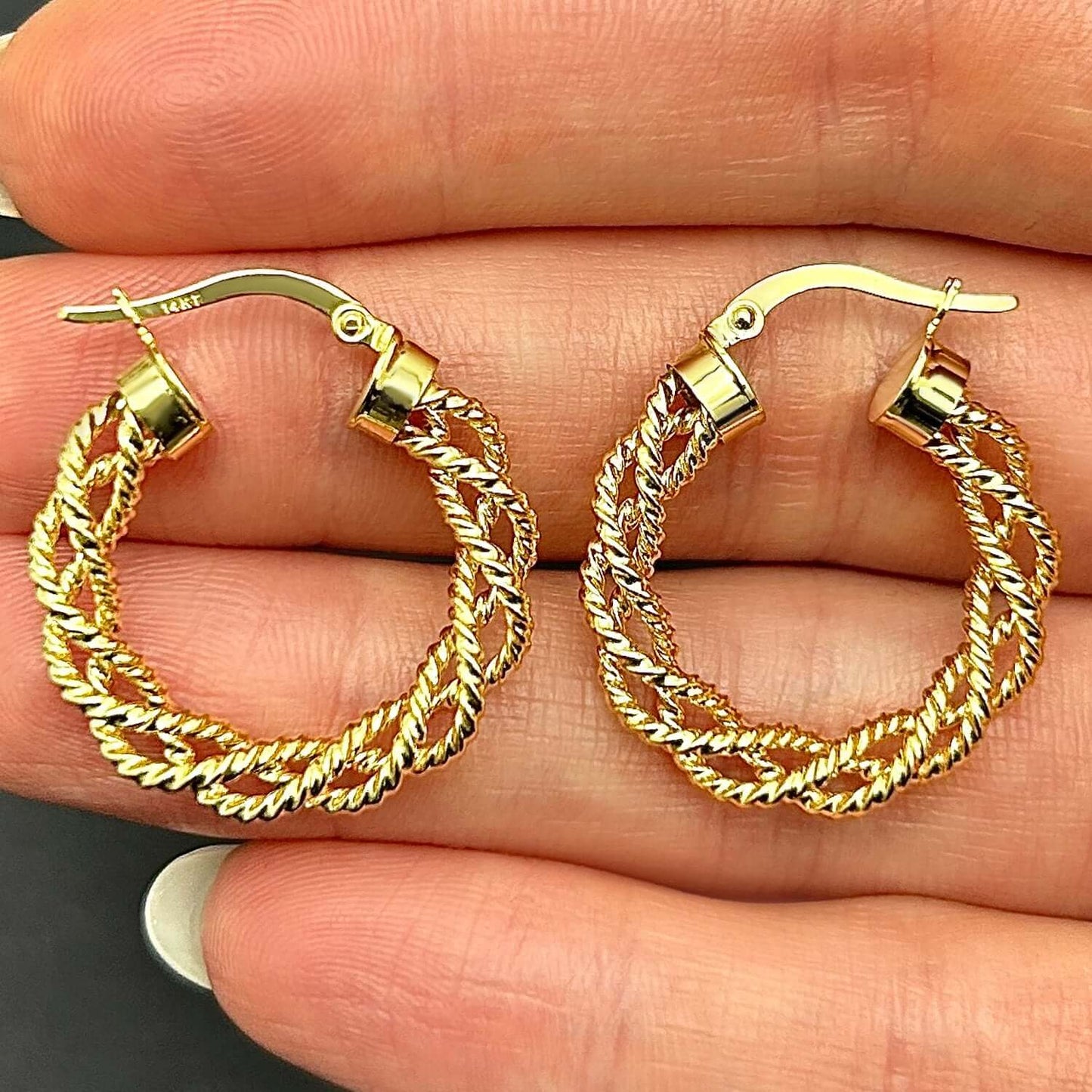 14K Gold 4mm Braided Twisted Hoop Earrings 15mm