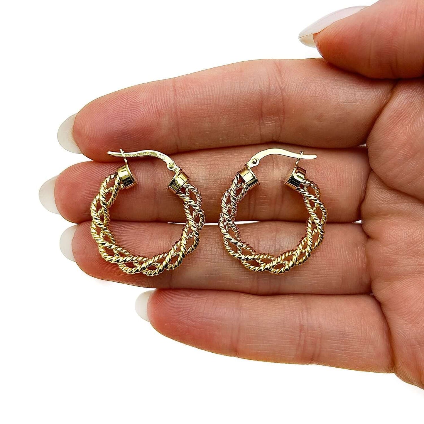 14K Gold 4mm Braided Twisted Hoop Earrings 15mm