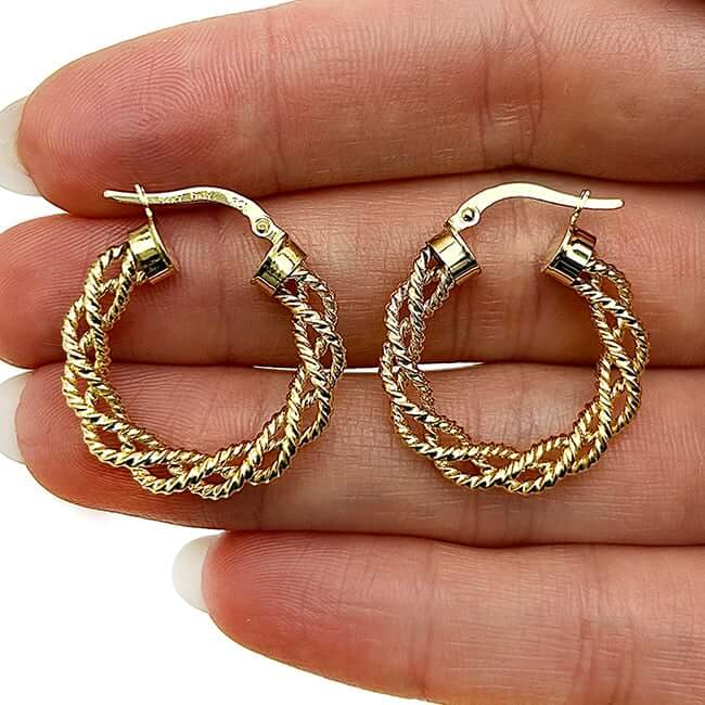 14K Gold 4mm Braided Twisted Hoop Earrings 15mm