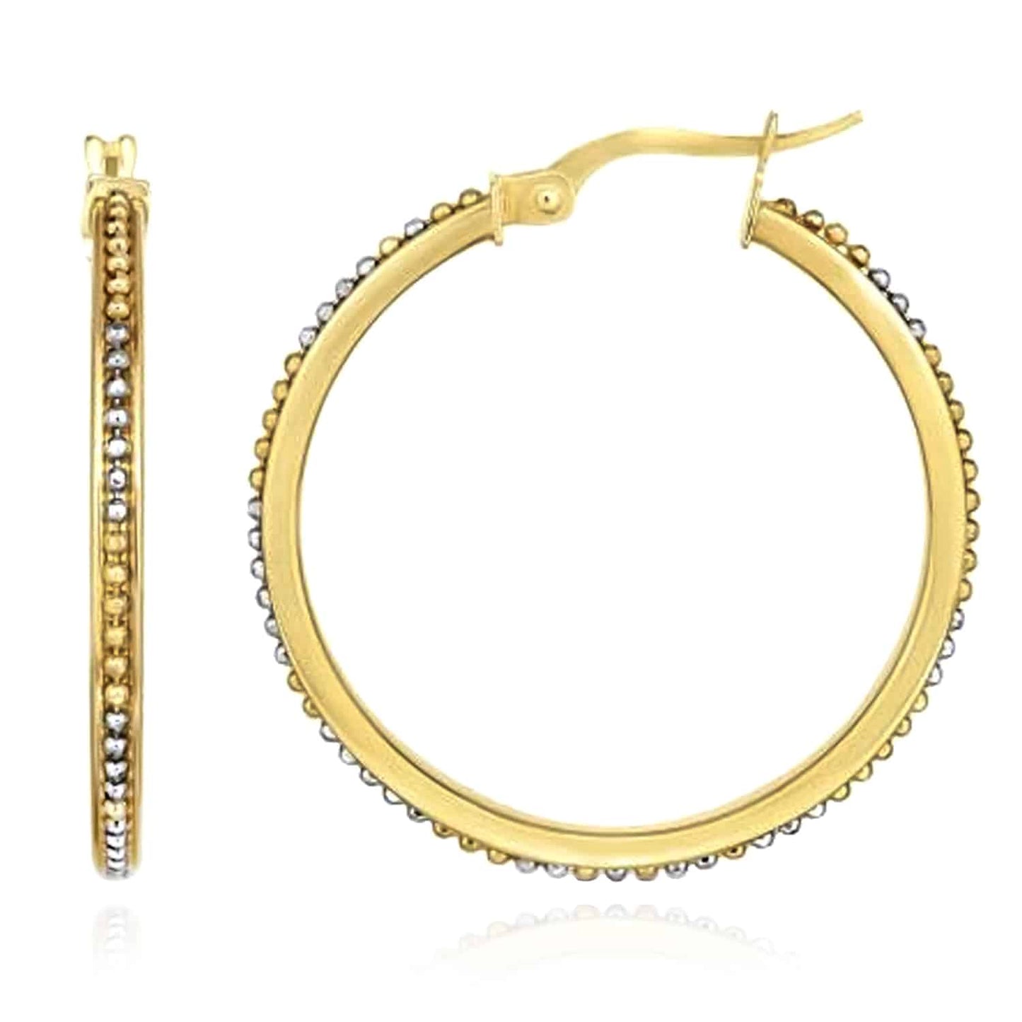 14K Gold Two-Tone Yellow White 2mm Beaded Round Hoop Earrings 26mm