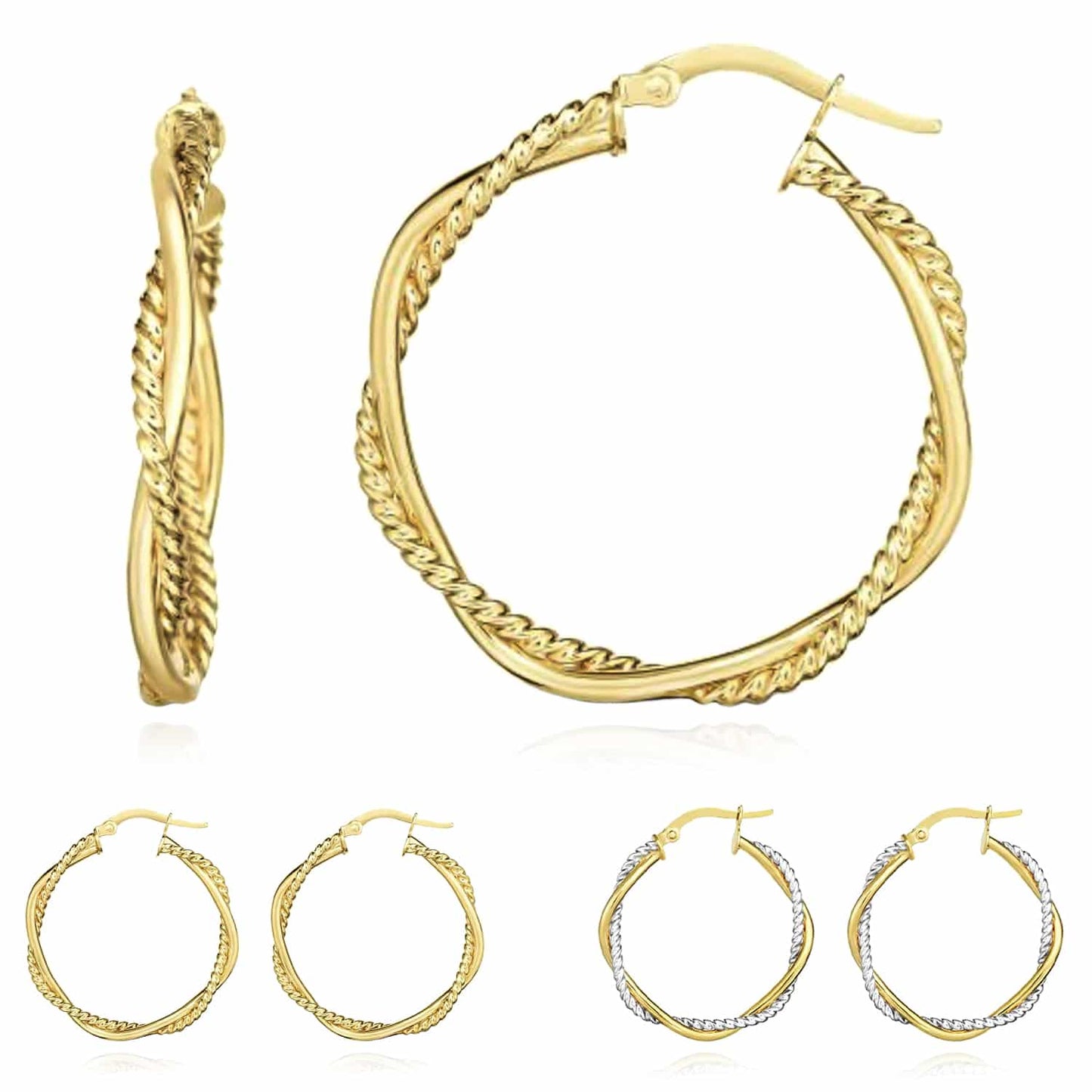 14K Gold Yellow Two-Tone White 3mm Twisted Round Hoop Earrings 25mm