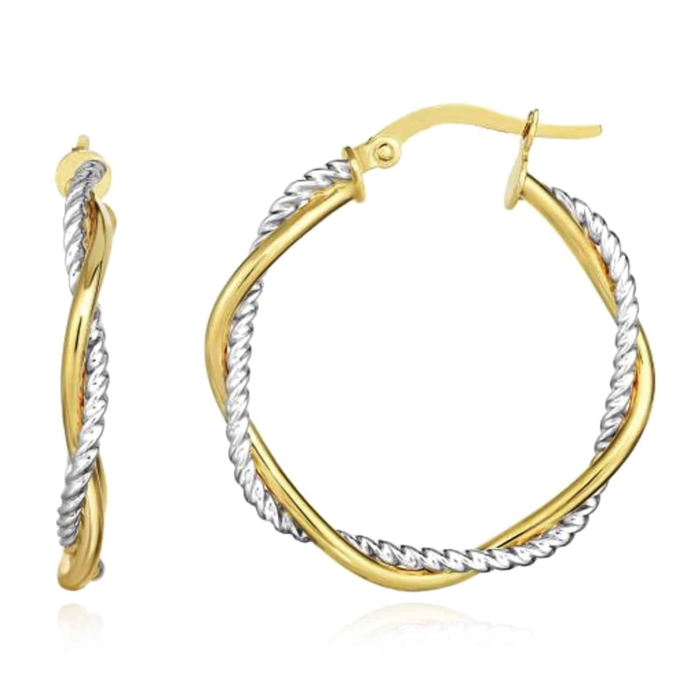 14K Gold Yellow Two-Tone White 3mm Twisted Round Hoop Earrings 25mm