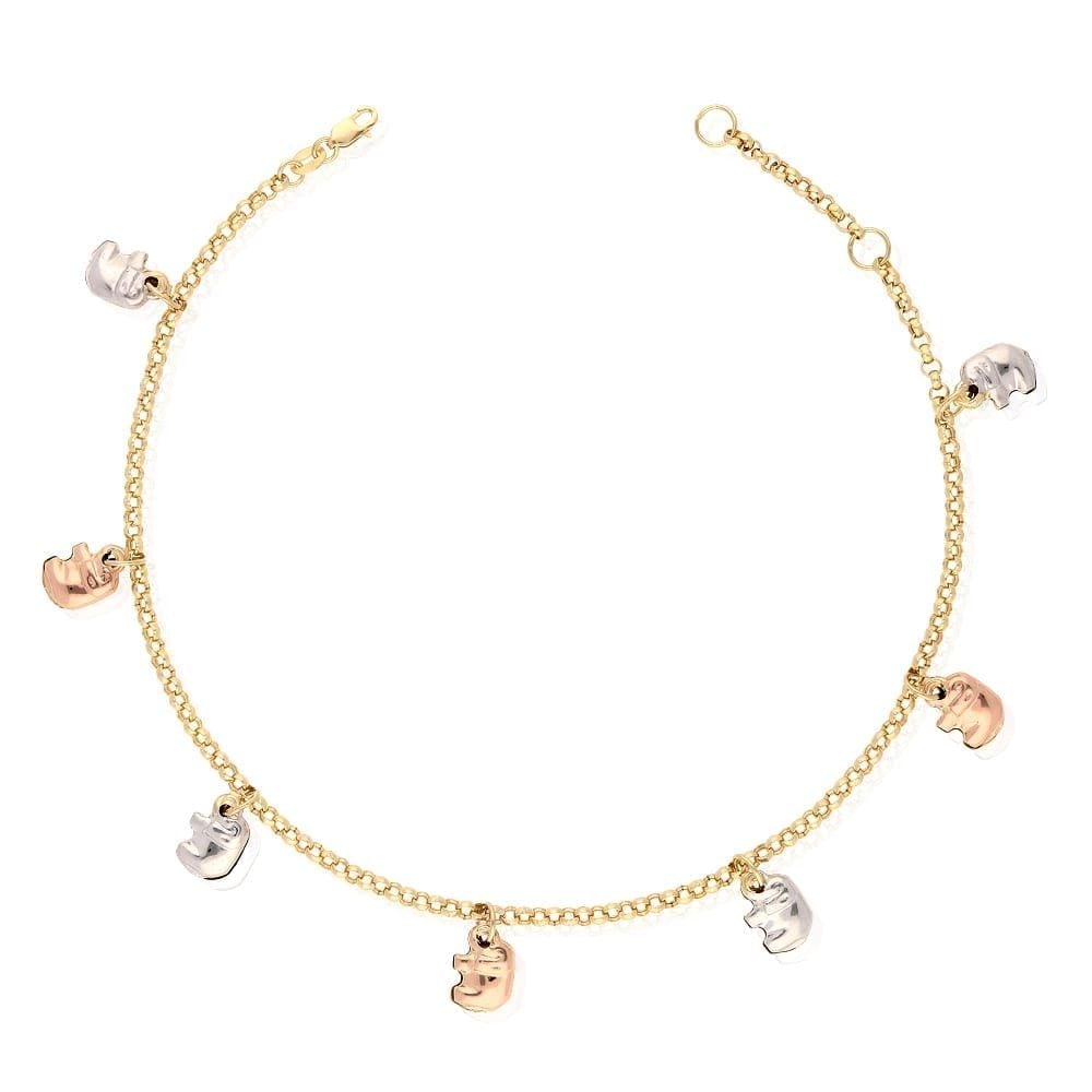 10k Tri-Color Yellow Gold Rolo Anklet Elephant Charm Ankle Bracelet 9" 10" Adj.