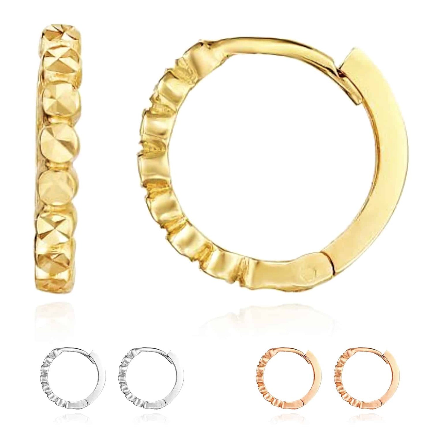 14K Gold Yellow White Rose Diamond-Cut Round Huggie Hoop Earrings 12mm