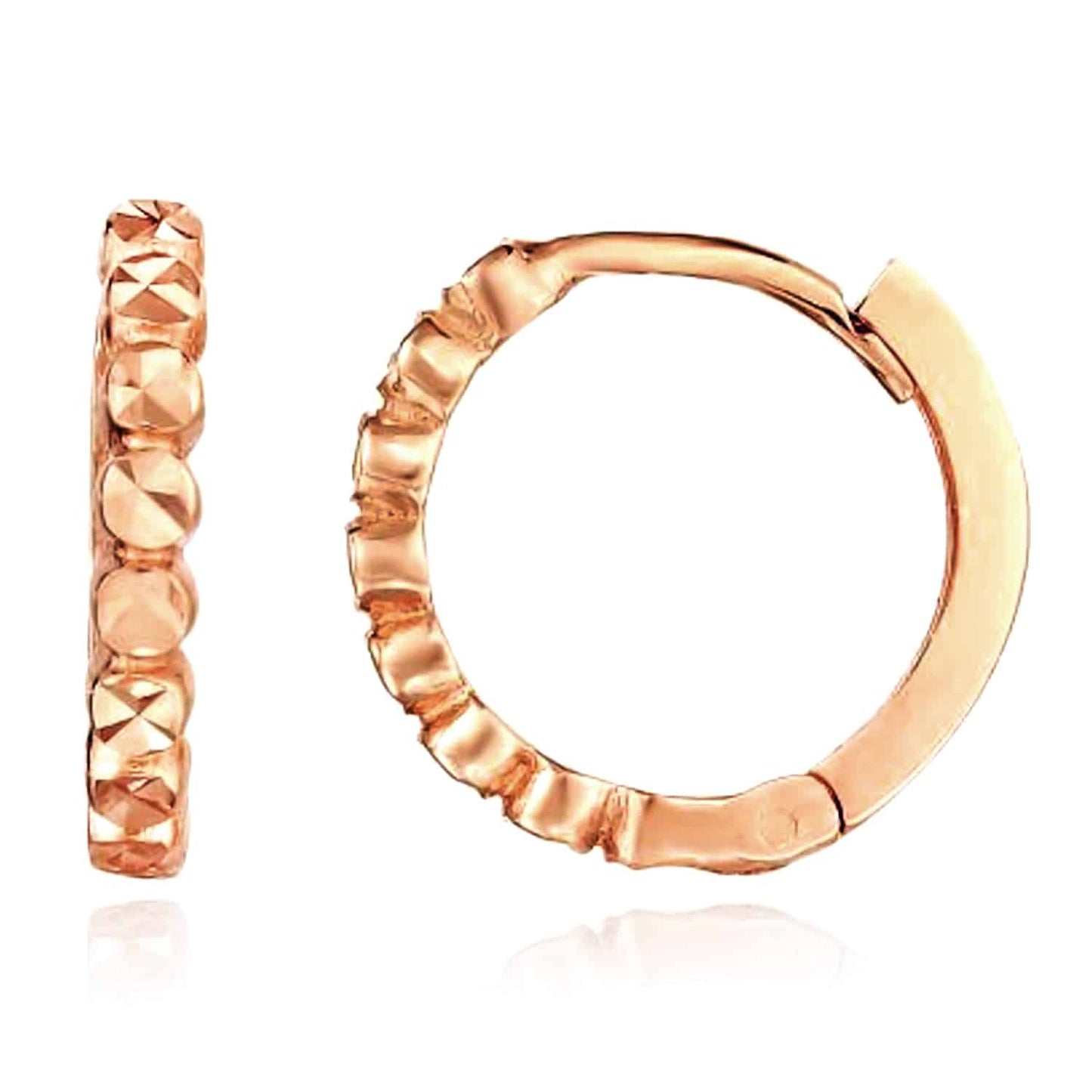 14K Gold Yellow White Rose Diamond-Cut Round Huggie Hoop Earrings 12mm