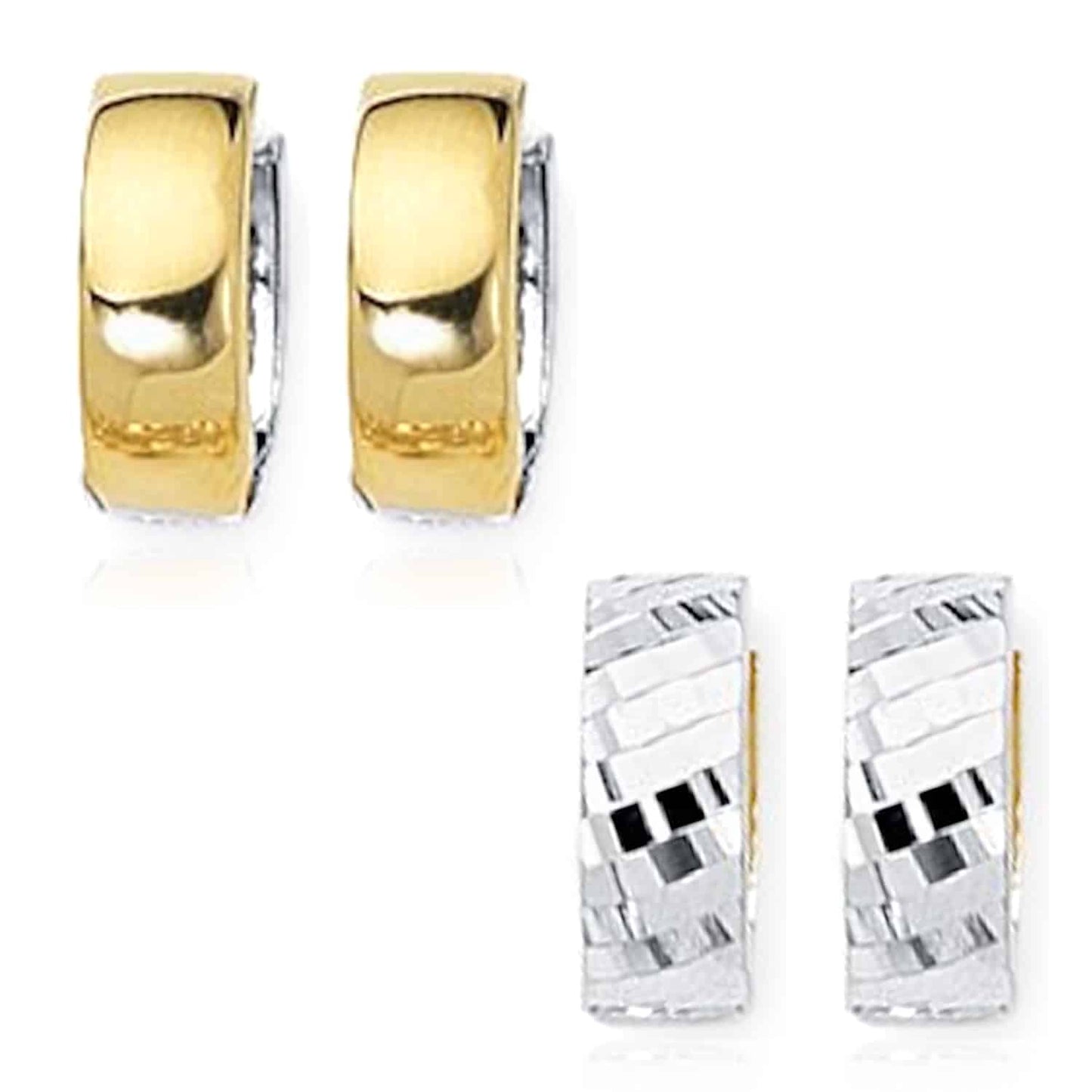 14K Gold Yellow White 2Tone 5mm Diamond-Cut Huggie Hoop Reversible Earrings 15mm