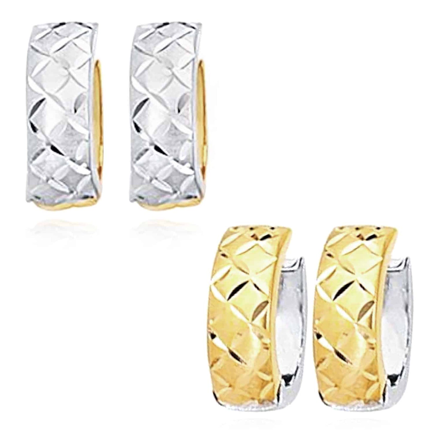 14K Gold 2-Tone Yellow White Reversible Diamond-Cut X Huggie Hoop Earrings 15mm