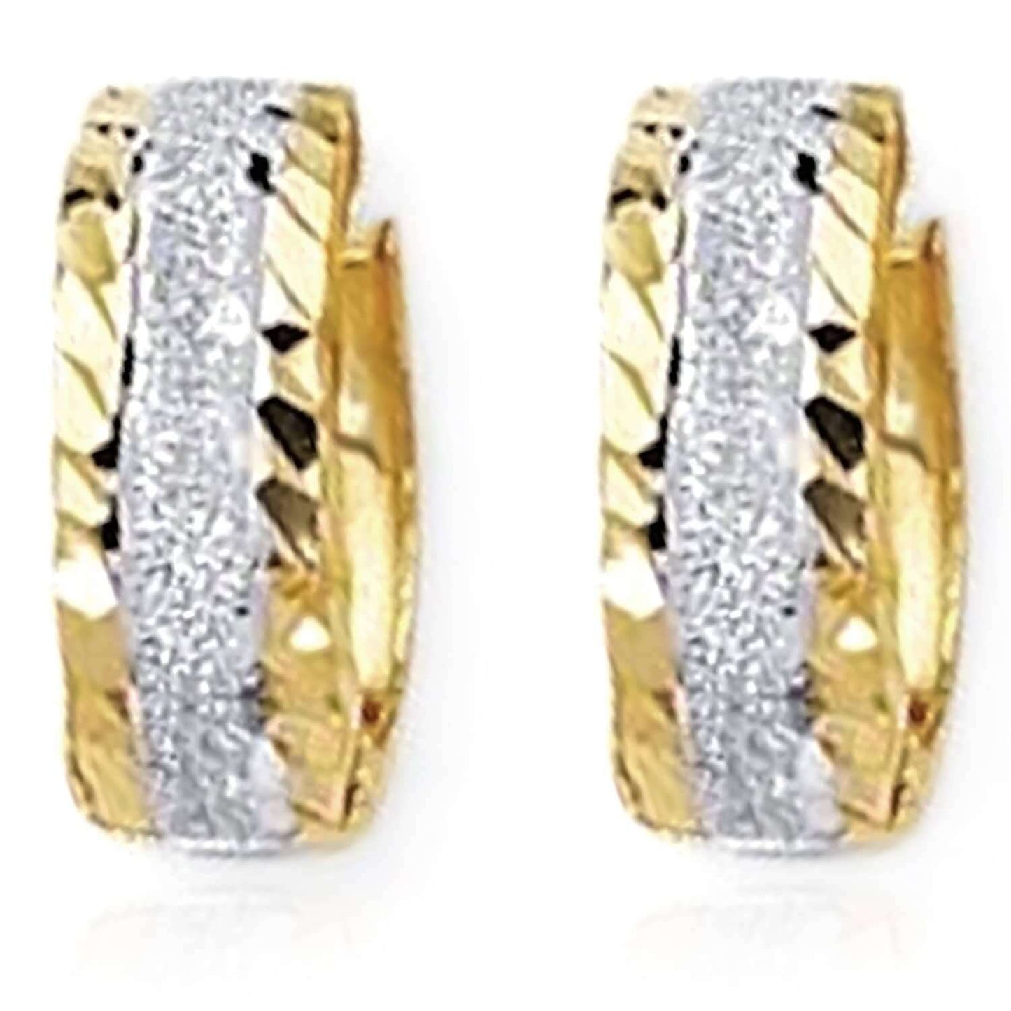 14K Gold Yellow White Center Stripe Diamond-Cut Huggie Hoop Earrings 15mm