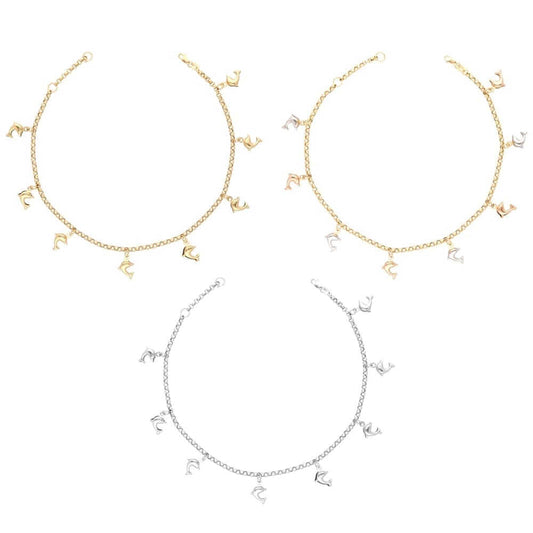 14K Tri-Color Gold Dolphin Charm Anklet 9"-10" Adjustable
