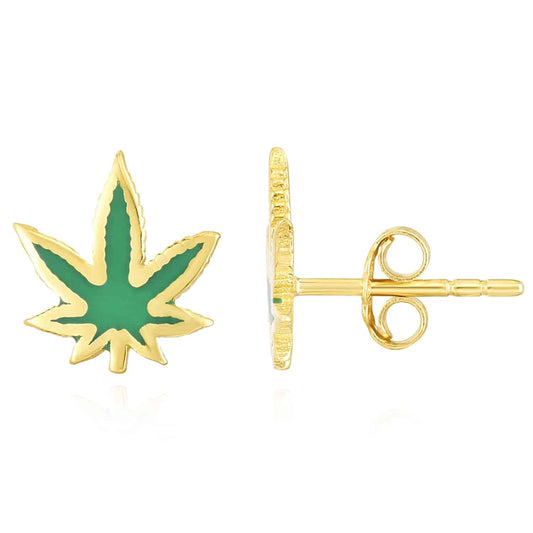 14K Gold Green Enamel Marijuana Kush Cannabis Leaf Stud Earrings 11mm