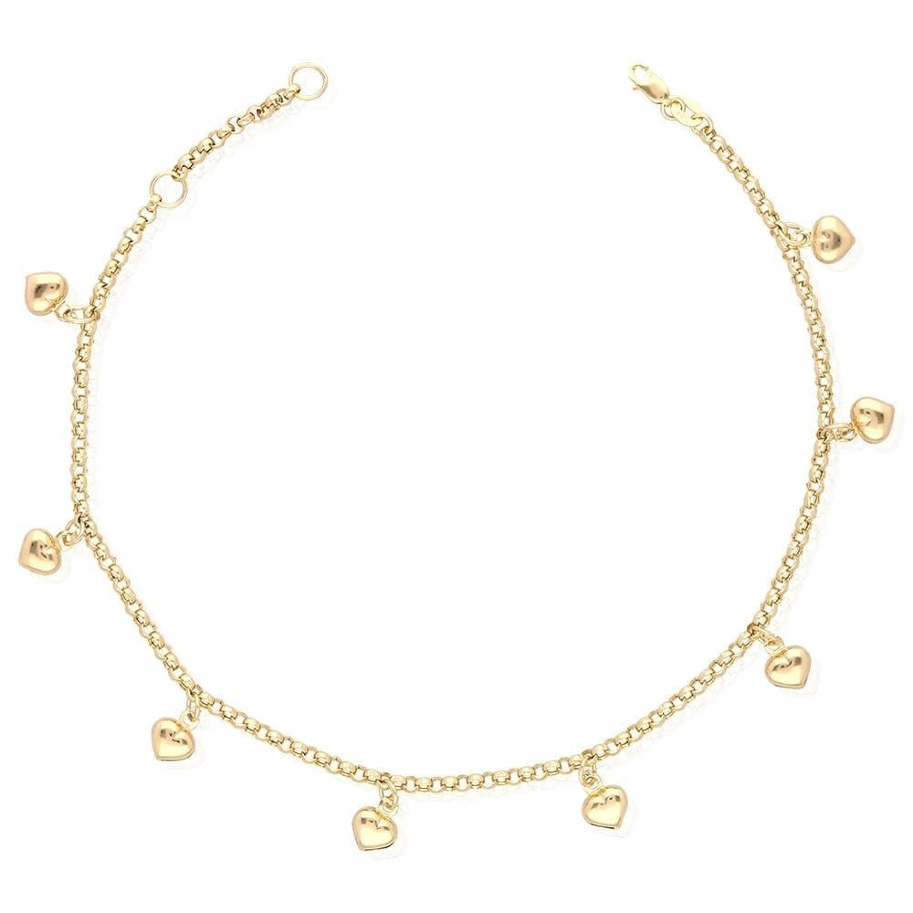 14k Gold Yellow White Tri-Color Heart Charm Anklet Bracelet 9" 10"