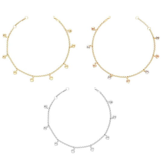 14K Tri-Color Gold Heart Charm Anklet 9"-10" Adjustable