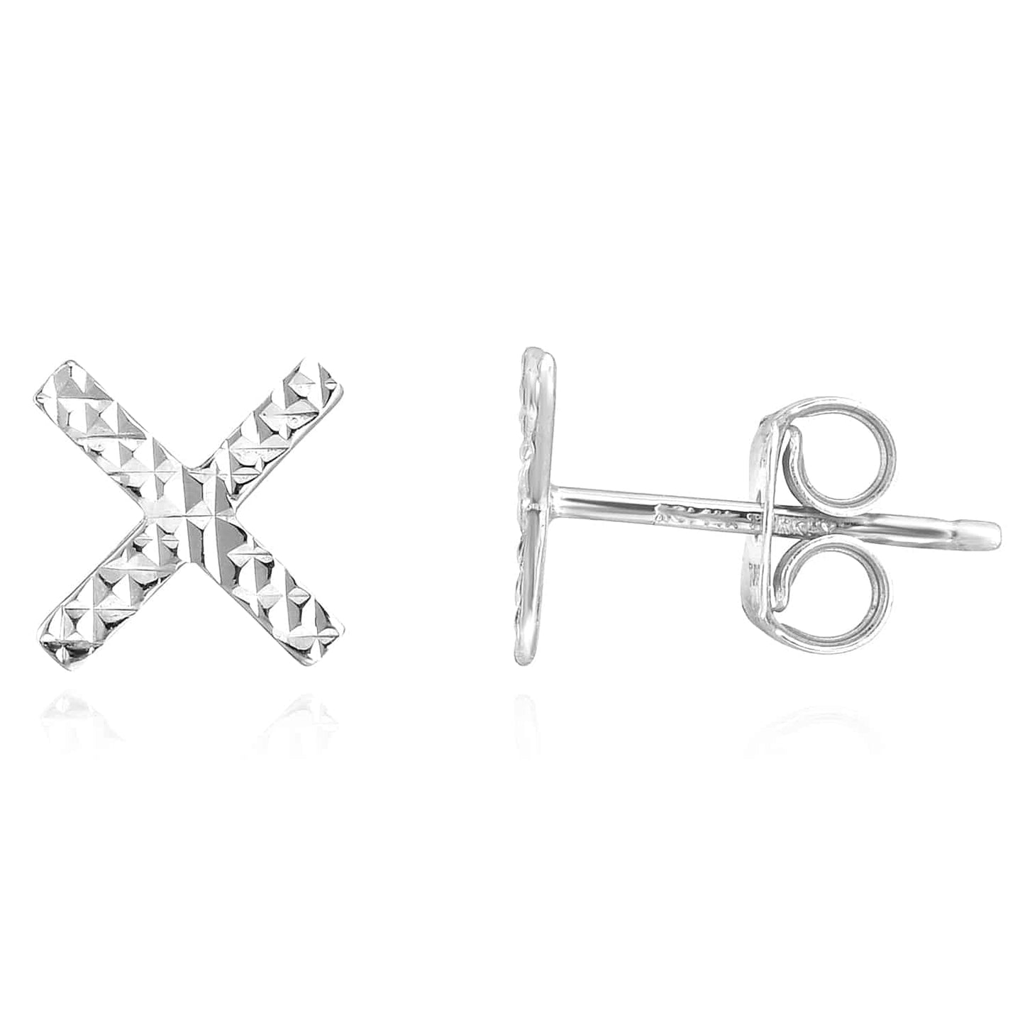 14K Gold Yellow White Diamond-Cut X Stud Earrings 7.5mm