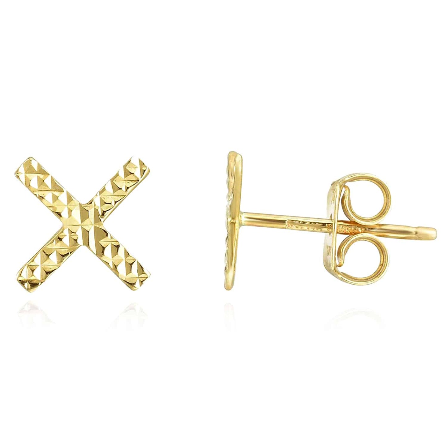 14K Gold Yellow White Diamond-Cut X Stud Earrings 7.5mm