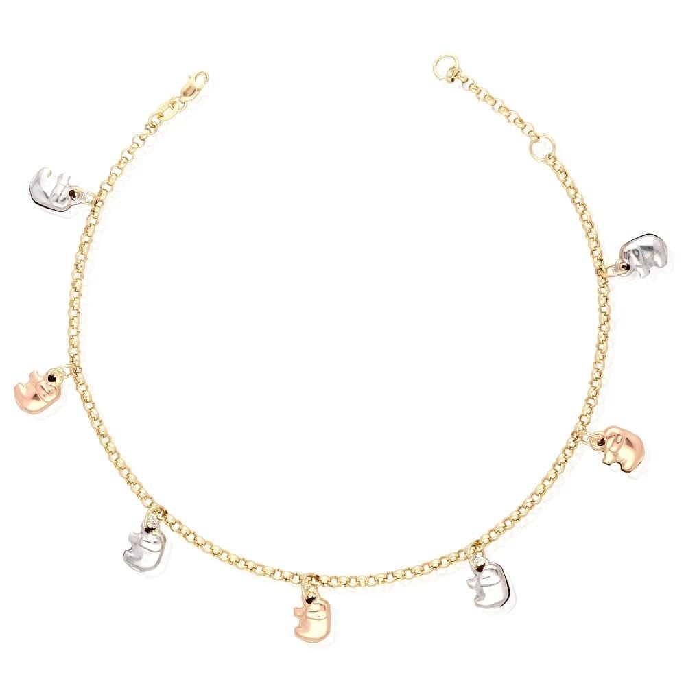 14k Gold Tri-Color Elephant Charm Anklet Bracelet 9" 10" Adjustable
