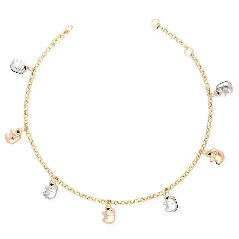 14K Tri-Color Gold Elephant Charm Anklet 9"-10" Adjustable