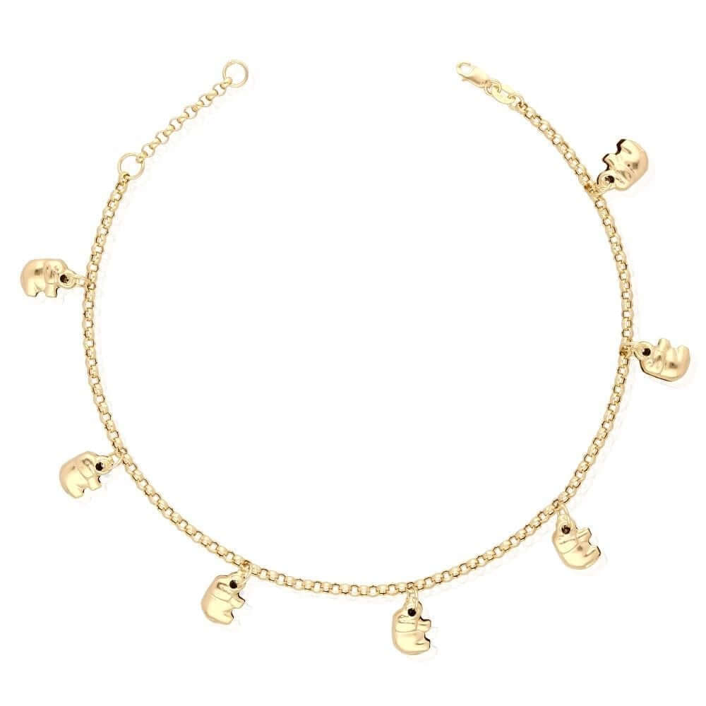 14K Tri-Color Gold Elephant Charm Anklet 9"-10" Adjustable