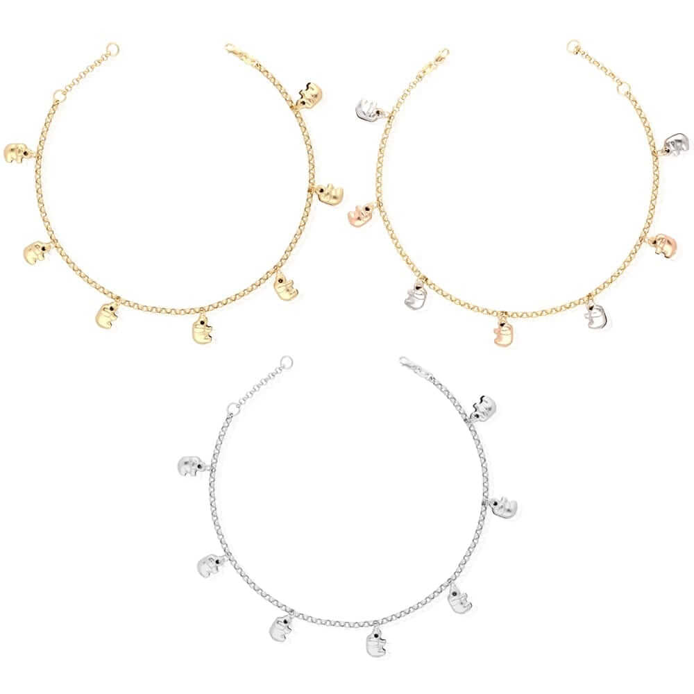 14K Tri-Color Gold Elephant Charm Anklet 9"-10" Adjustable