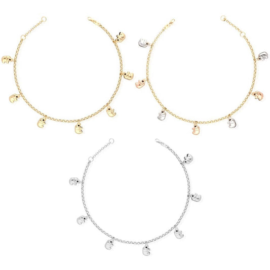 14K Tri-Color Gold Elephant Charm Anklet 9"-10" Adjustable