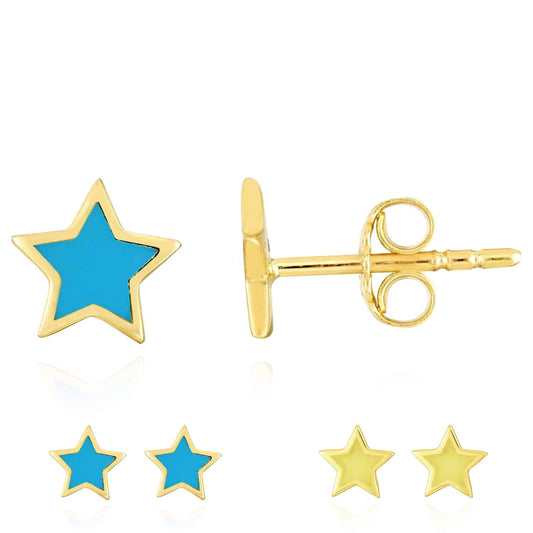 14K Gold Blue Yellow Star Stud Earrings 6.2mm
