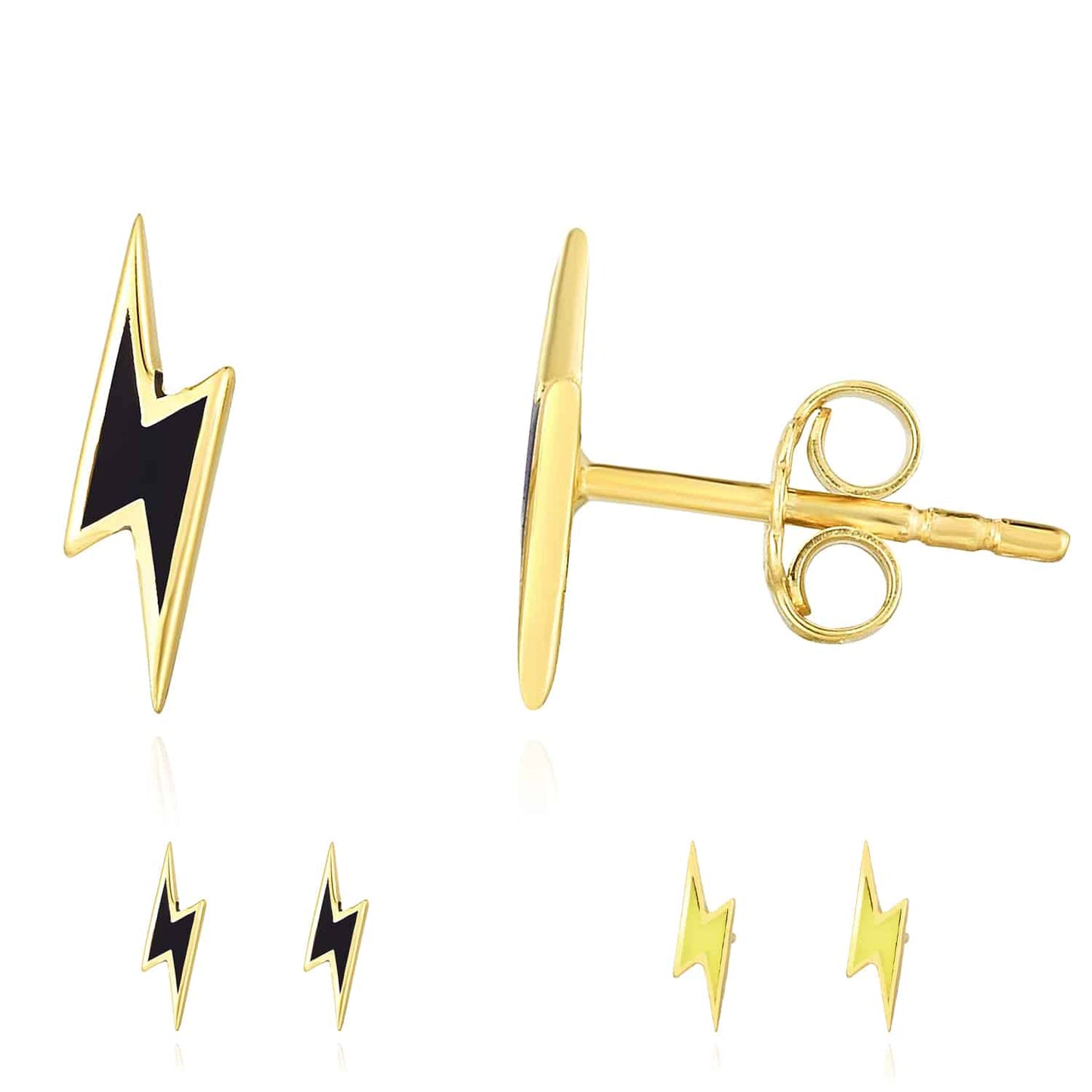 14K Gold Black Yellow Enamel Lightning Bolt Stud Earrings 10mm