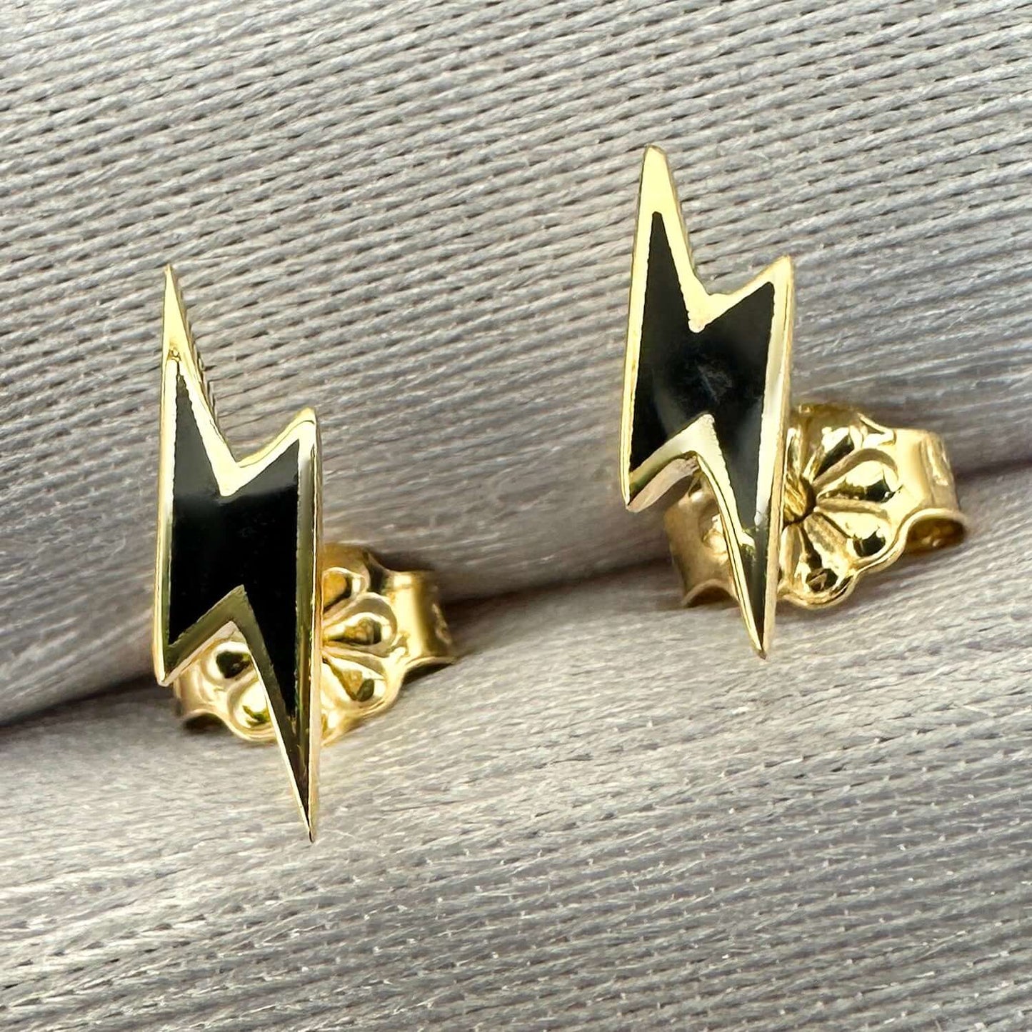 14K Gold Black Yellow Enamel Lightning Bolt Stud Earrings 10mm