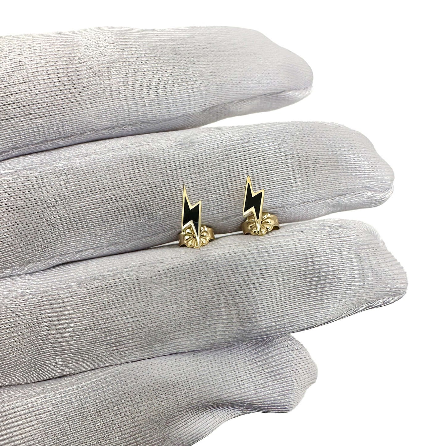 14K Gold Black Yellow Enamel Lightning Bolt Stud Earrings 10mm