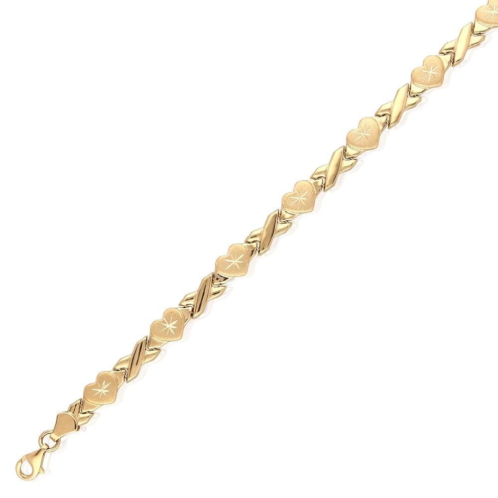 14k Gold Tri-Tone 6mm Hearts & Kisses XO Ankle Bracelet 10"