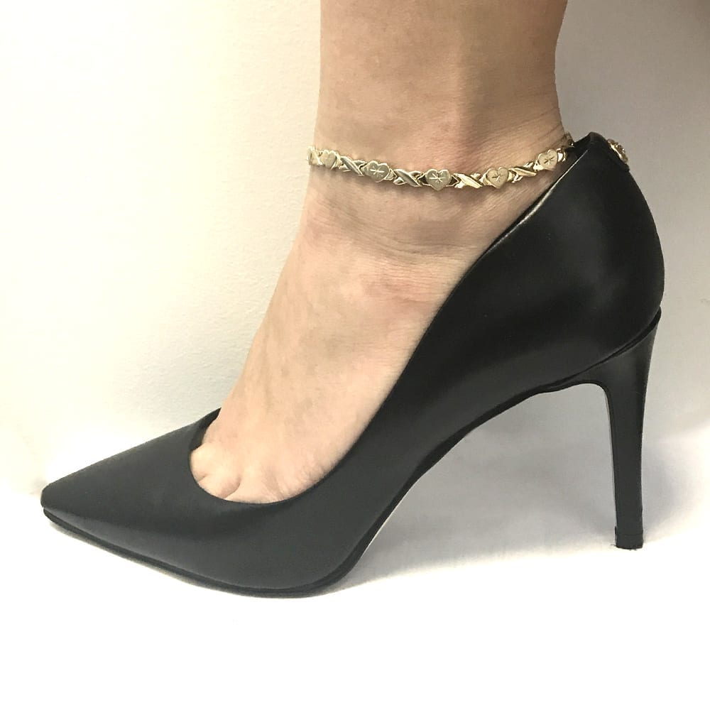 14k Gold Tri-Tone 6mm Hearts & Kisses XO Ankle Bracelet 10"