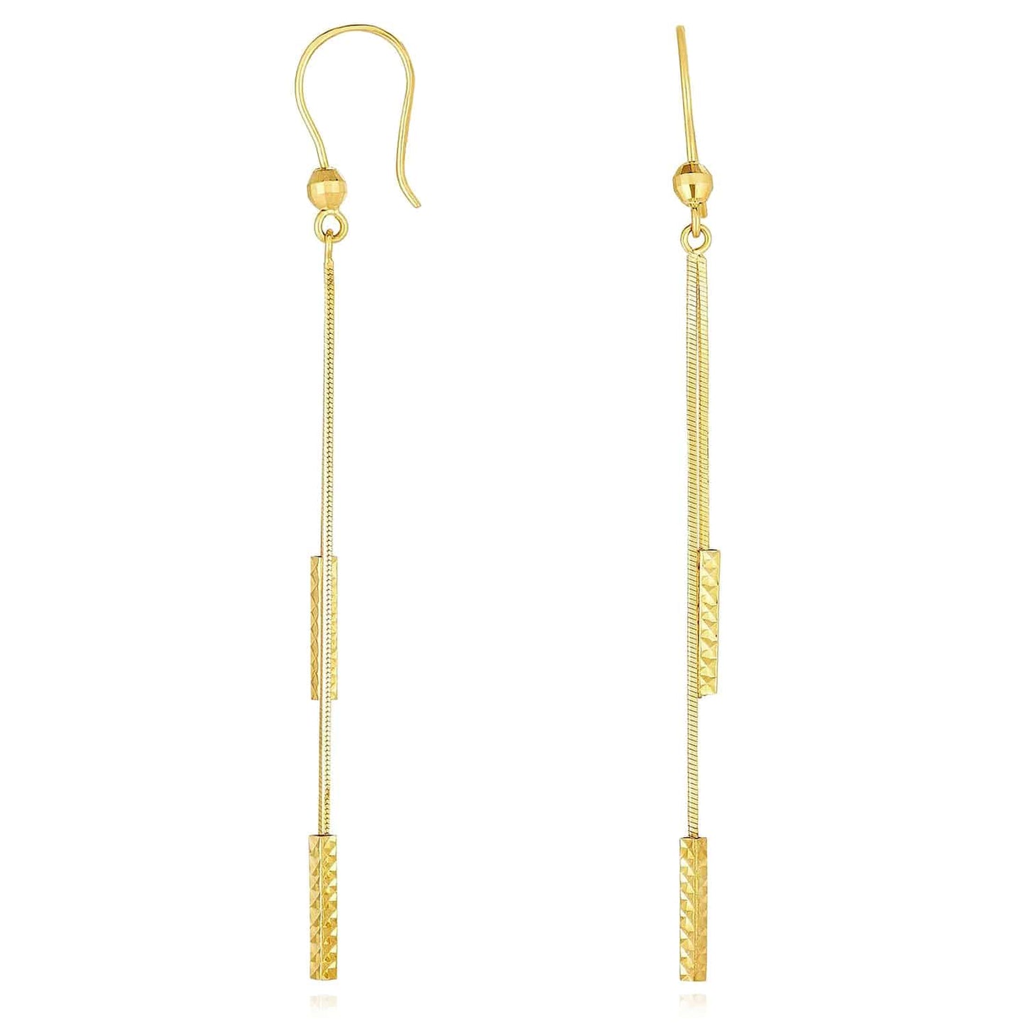 14K Gold Diamond-Cut Double Bar Linear Drop Down Ear Wire Earrings 66mm