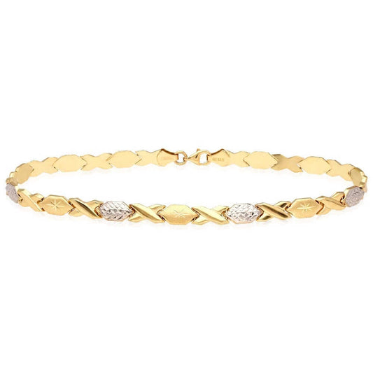 14K Two-Tone Gold 6mm Hugs & Kisses XO Anklet (Hollow) 10"