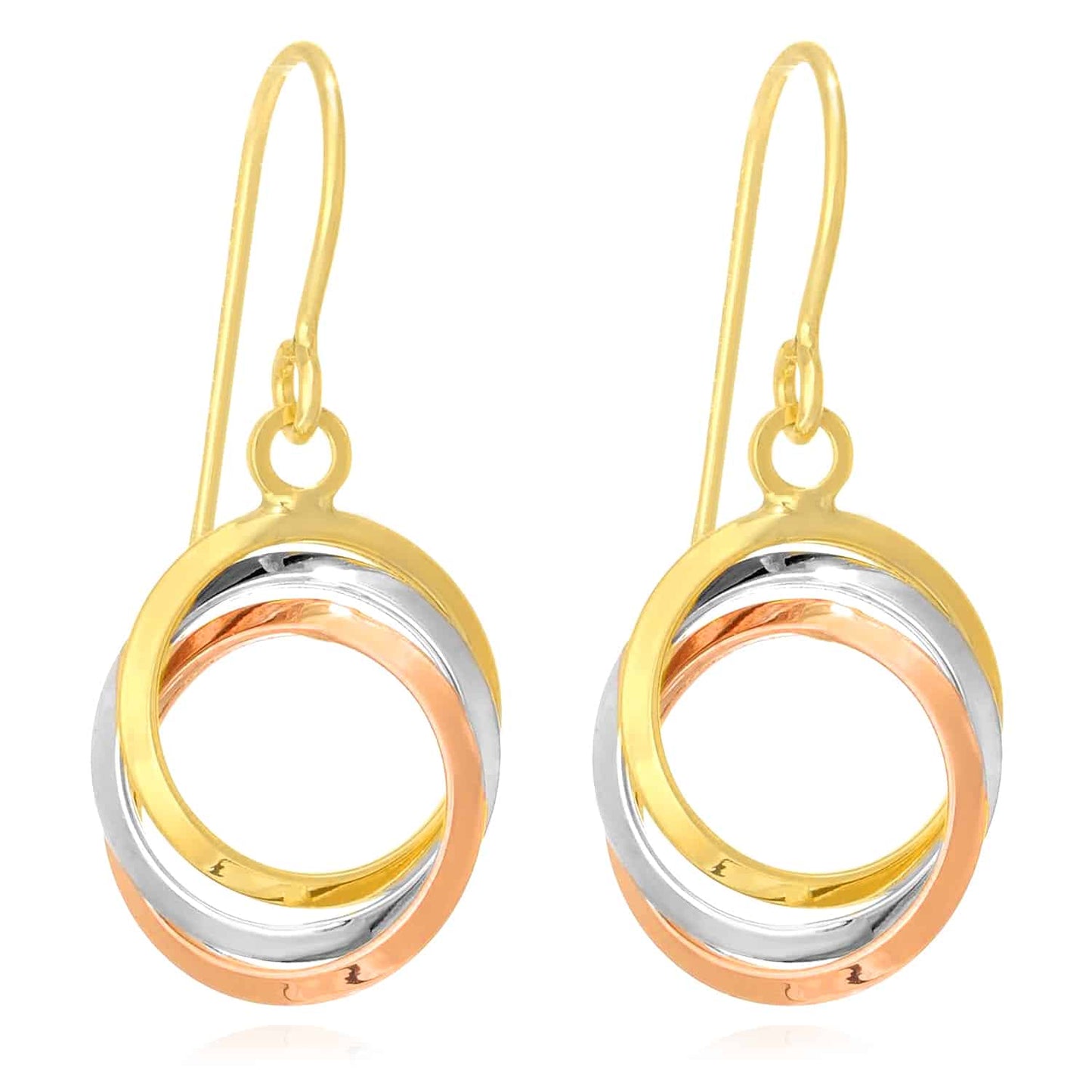 14K Gold Tri-Color Yellow White Rose 3x Circles Ear Wire Earrings 25mm