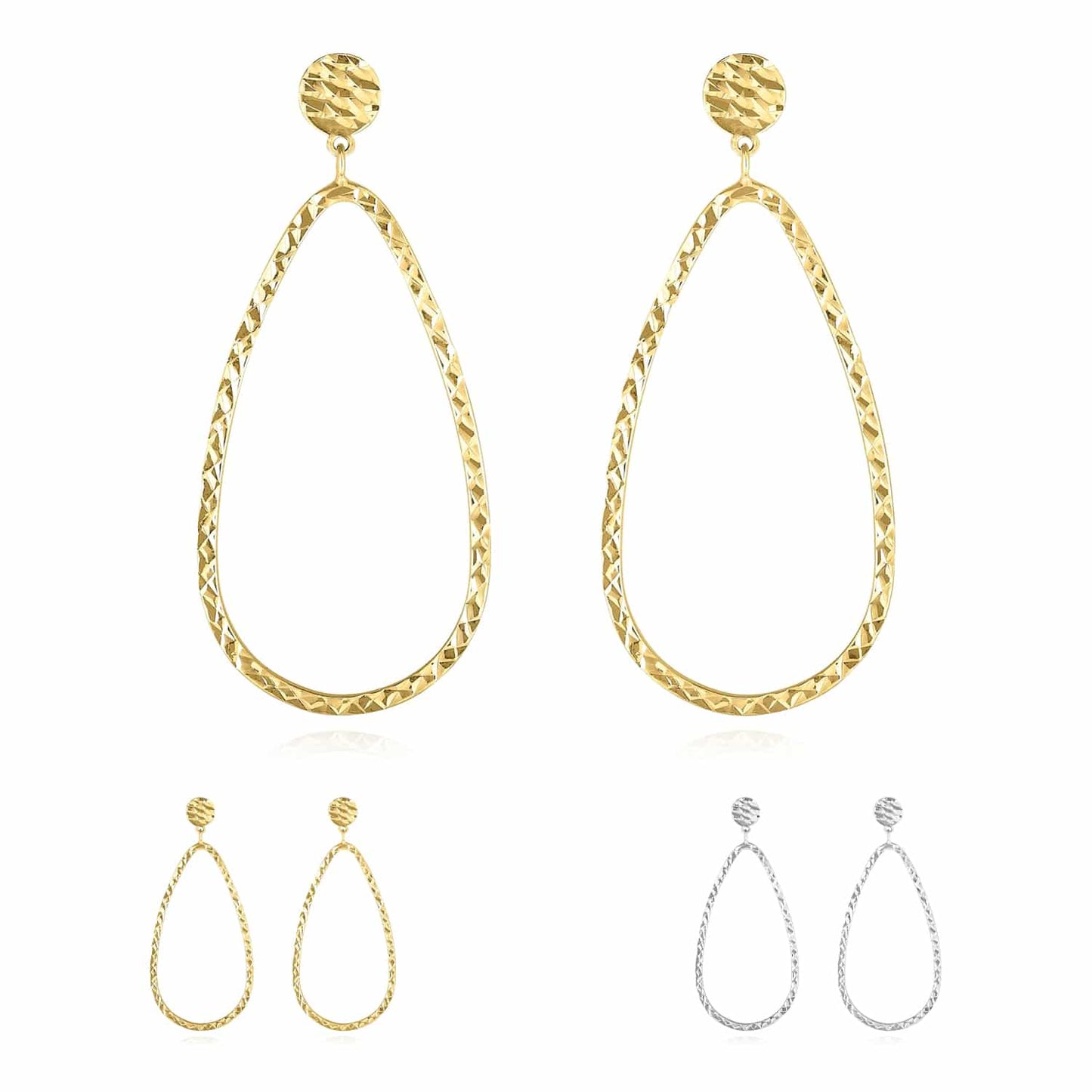 14K Gold Yellow White Diamond-Cut Teardrop Drop Earrings 43mm
