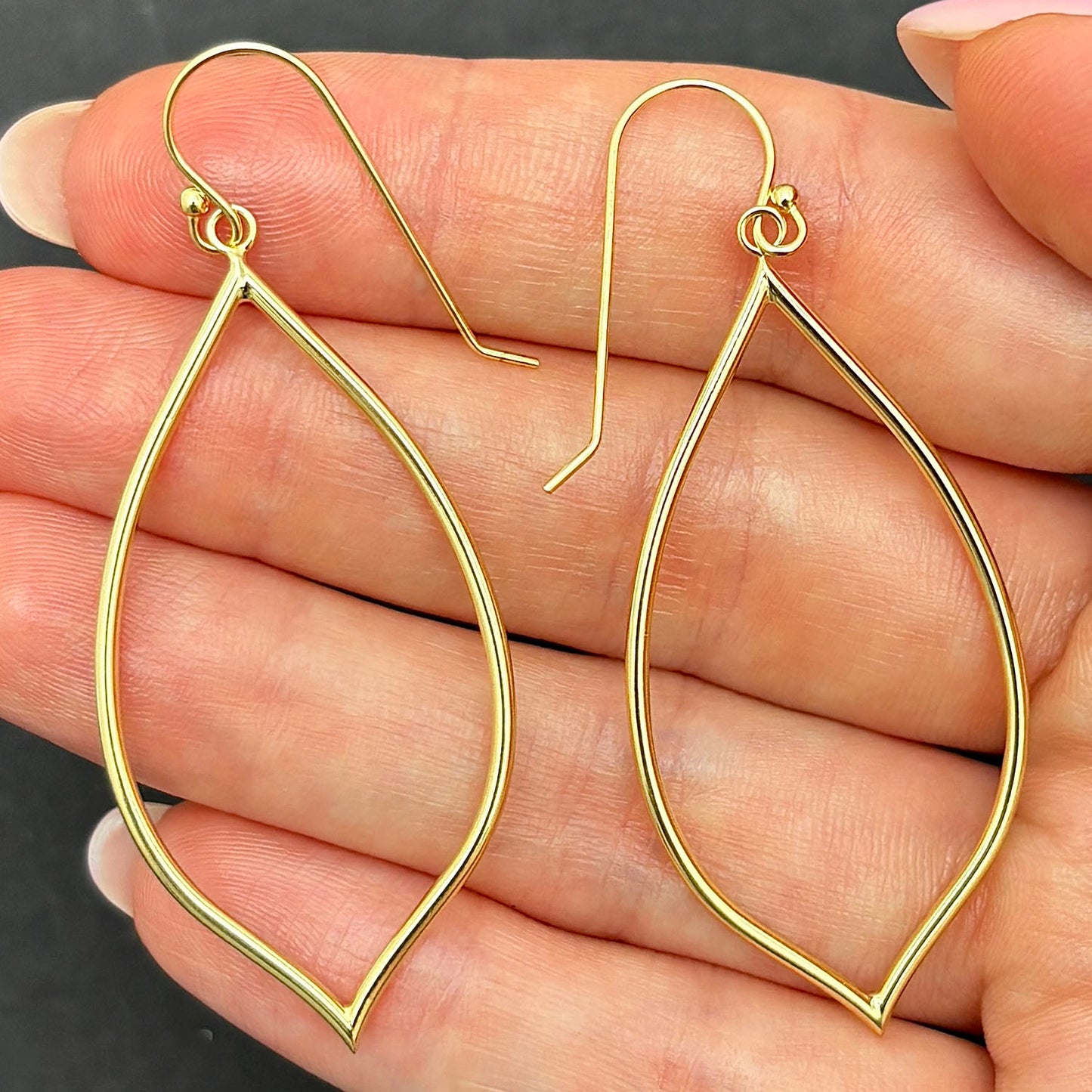 14K Gold Open Pointy Leaf Drop Ear Wire Hook Earrings 55mm