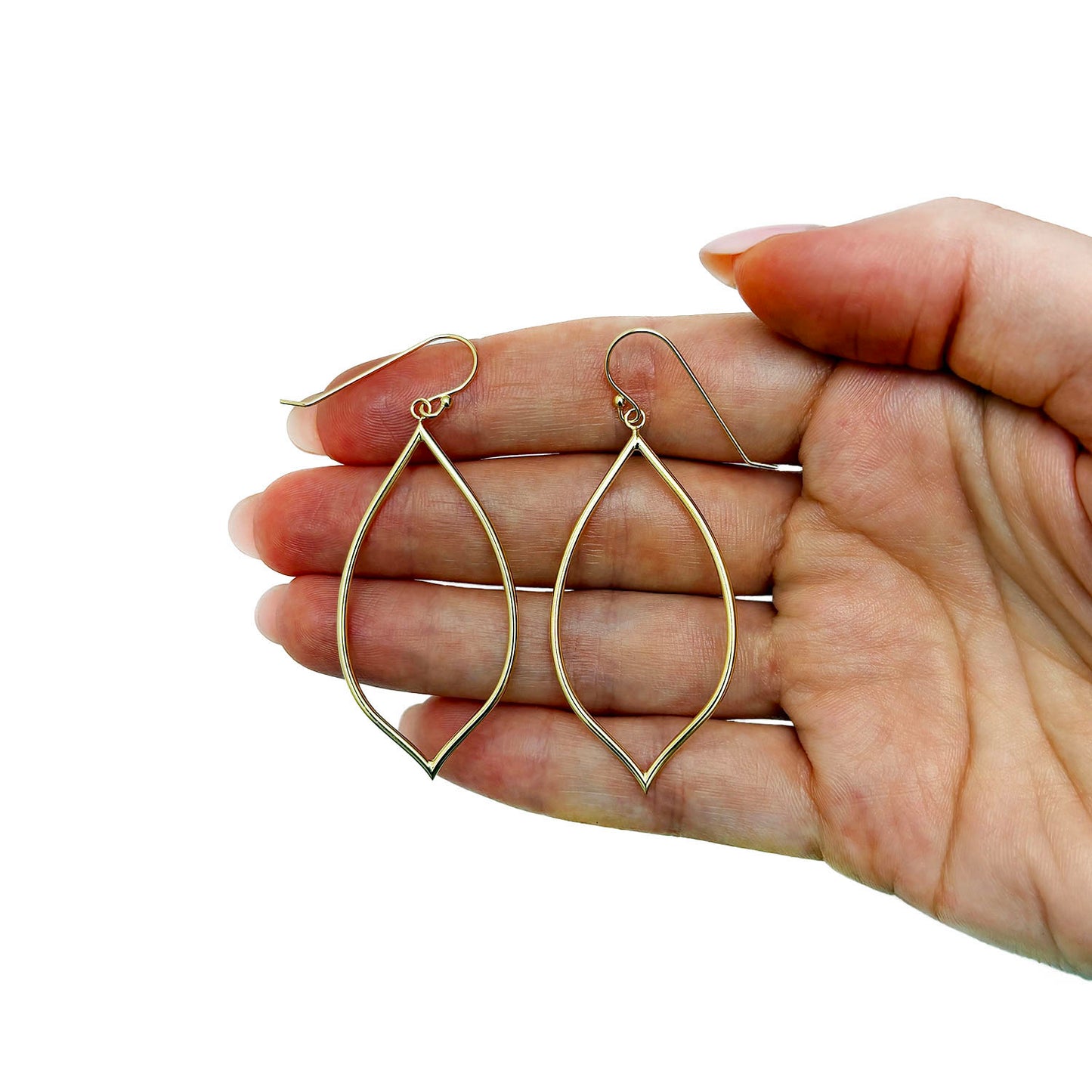14K Gold Open Pointy Leaf Drop Ear Wire Hook Earrings 55mm