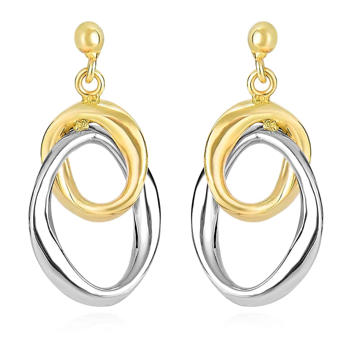 14K Gold Two-Tone Yellow White Interlocked Two Puffed Drop Earrings 26mm