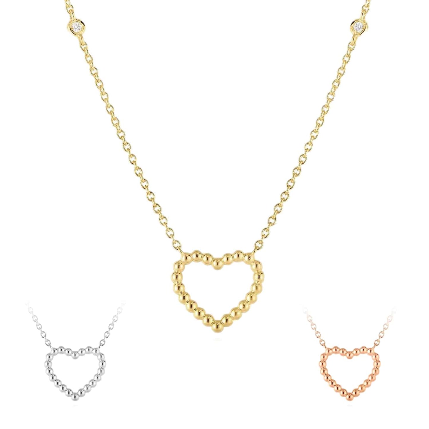 Natural Diamond 14K Yellow Gold White Rose Popcorn Heart Station Chain 16"-18"
