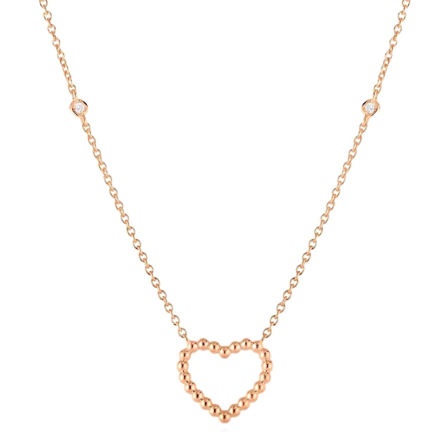 Natural Diamond 14K Yellow Gold White Rose Popcorn Heart Station Chain 16"-18"