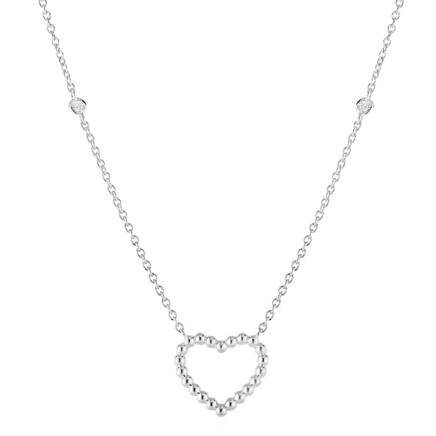 Natural Diamond 14K Yellow Gold White Rose Popcorn Heart Station Chain 16"-18"