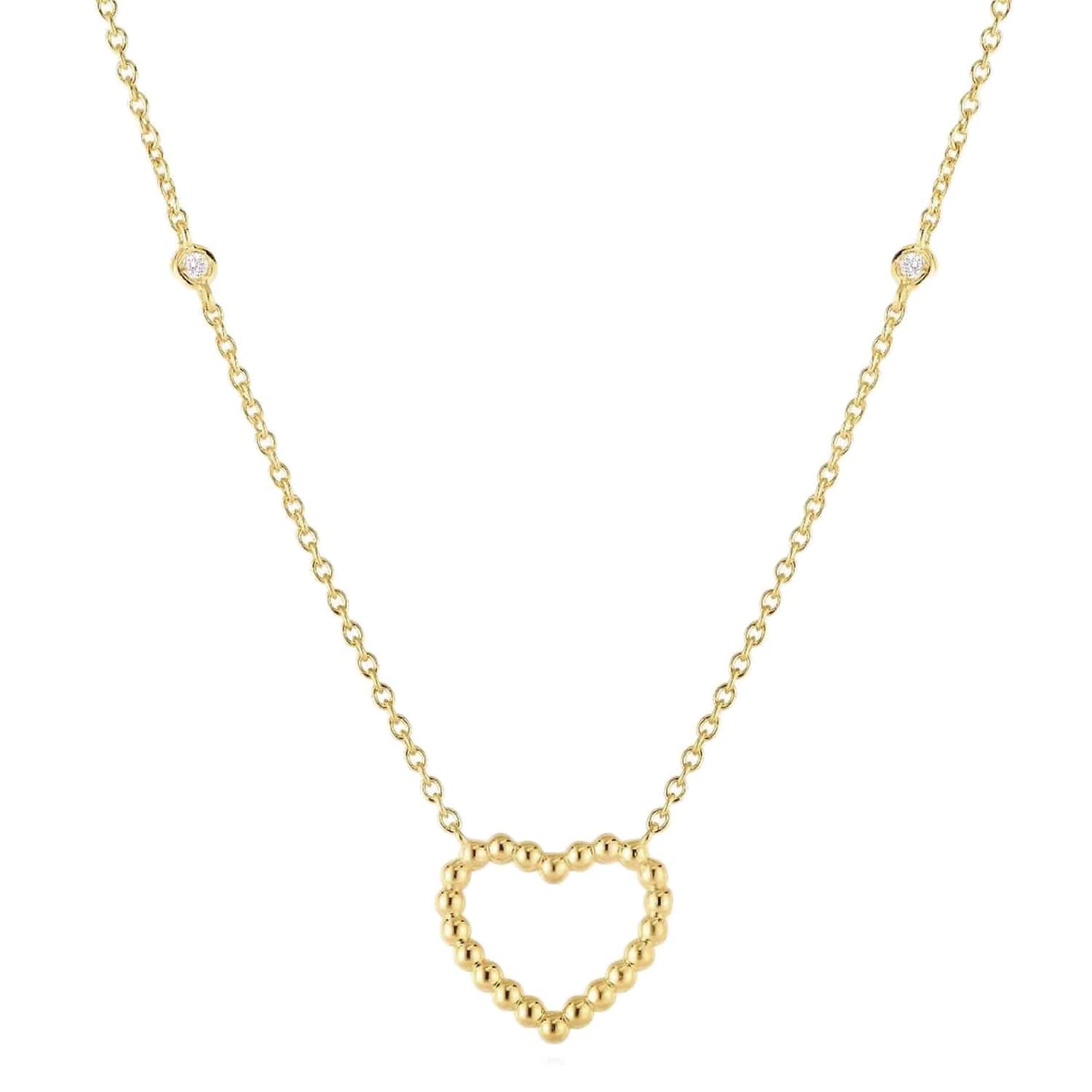 Natural Diamond 14K Yellow Gold White Rose Popcorn Heart Station Chain 16"-18"