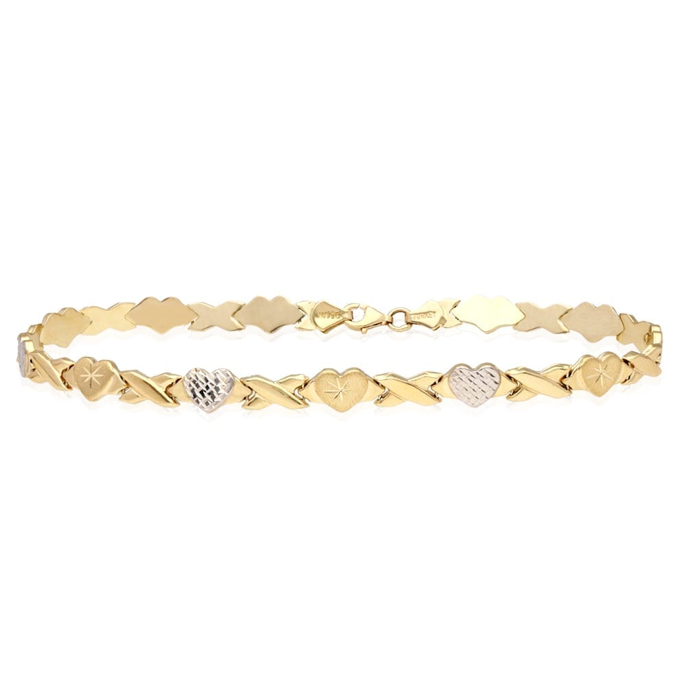 14k Gold Two-Tone Hearts & Kisses XO Ankle Bracelet 10"