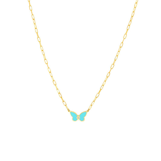 Natural Diamond 14K Gold Light Turquoise Butterfly Necklace (Hollow) 18"