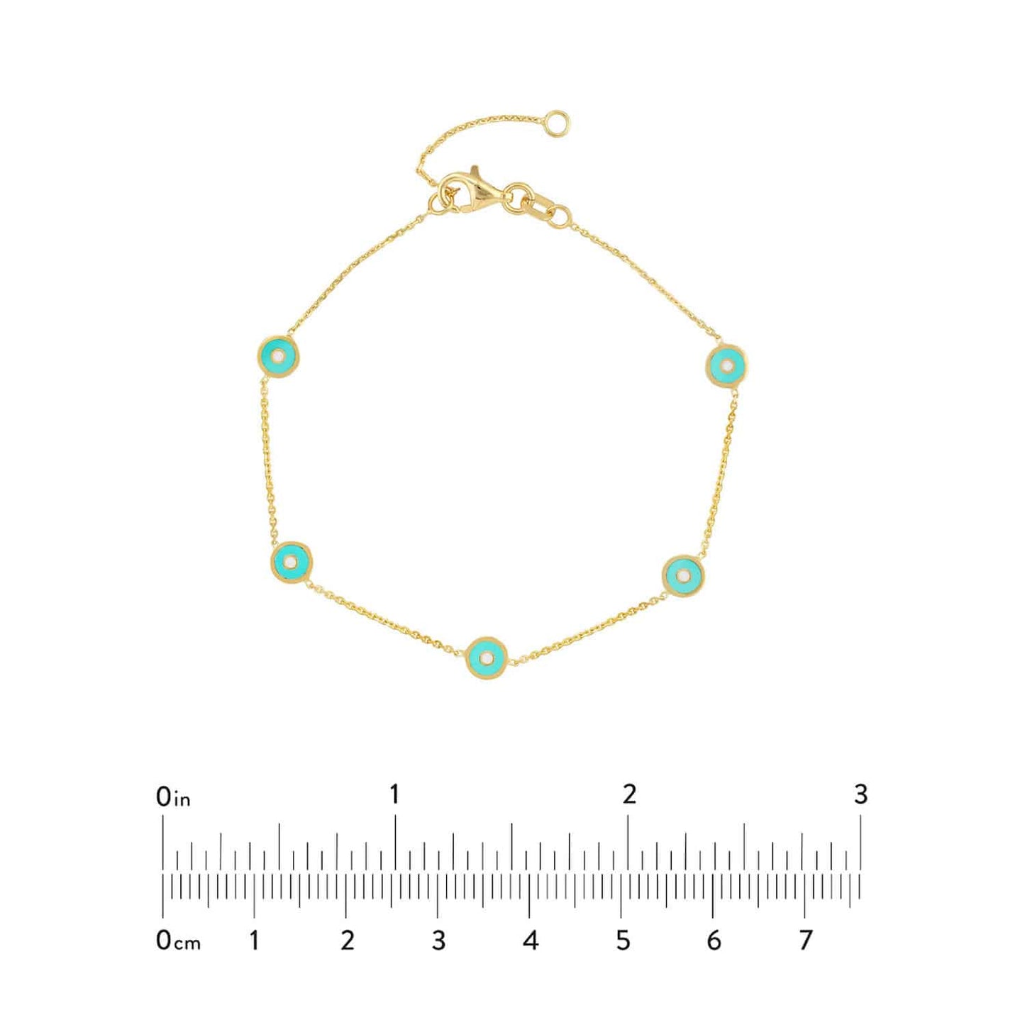 14K Gold Yellow Turquoise Round Evil Eye Station Bracelet 6.5"-7" Adjustable