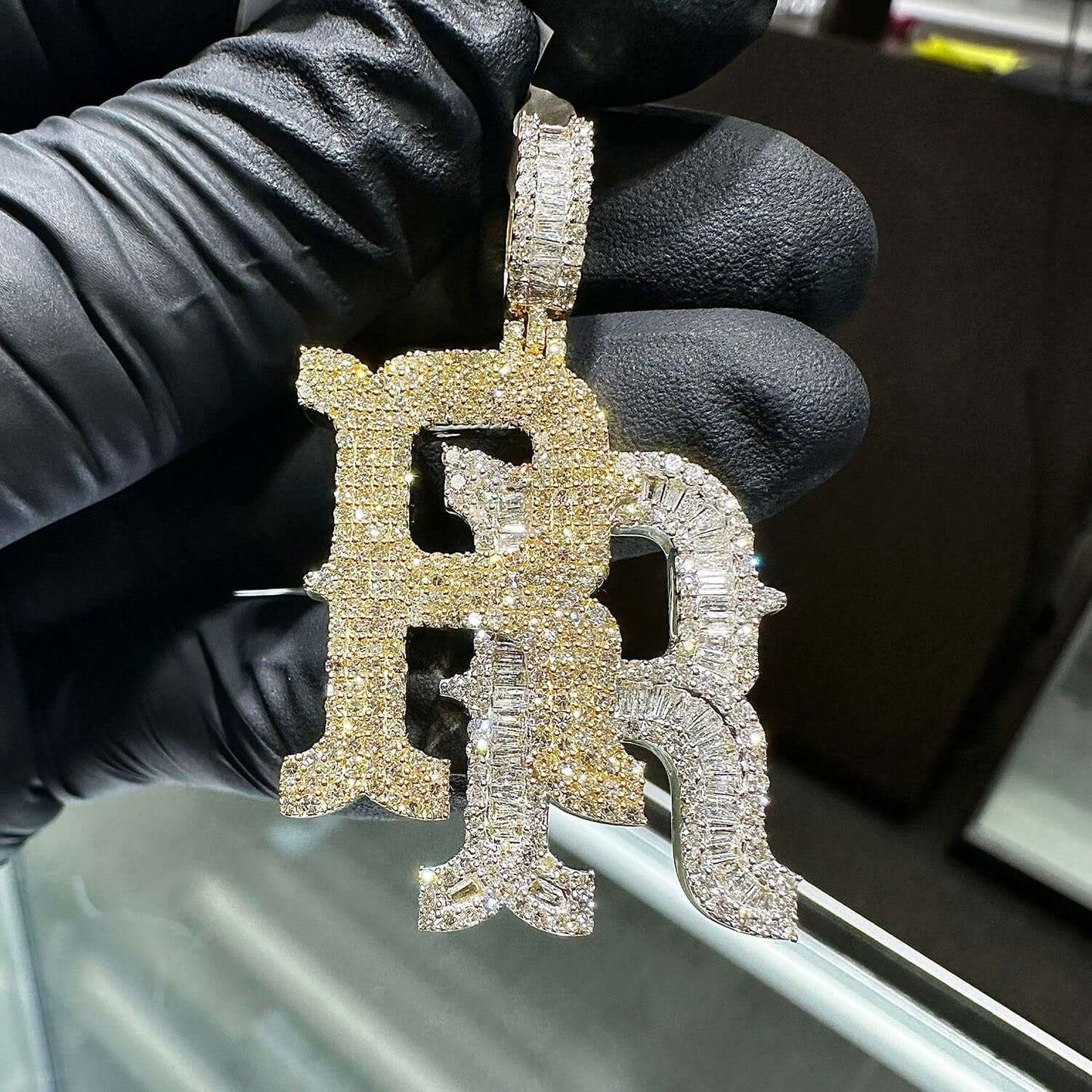 3CTW Real Diamond Round Baguette 10K Yellow White Gold "RR" Pendant 1.8"