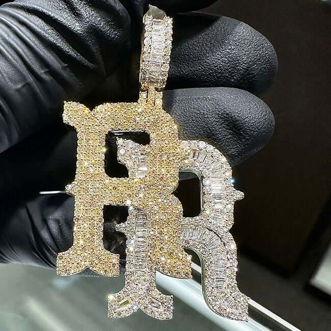 3CTW Real Diamond Round Baguette 10K Yellow White Gold "RR" Pendant 1.8"