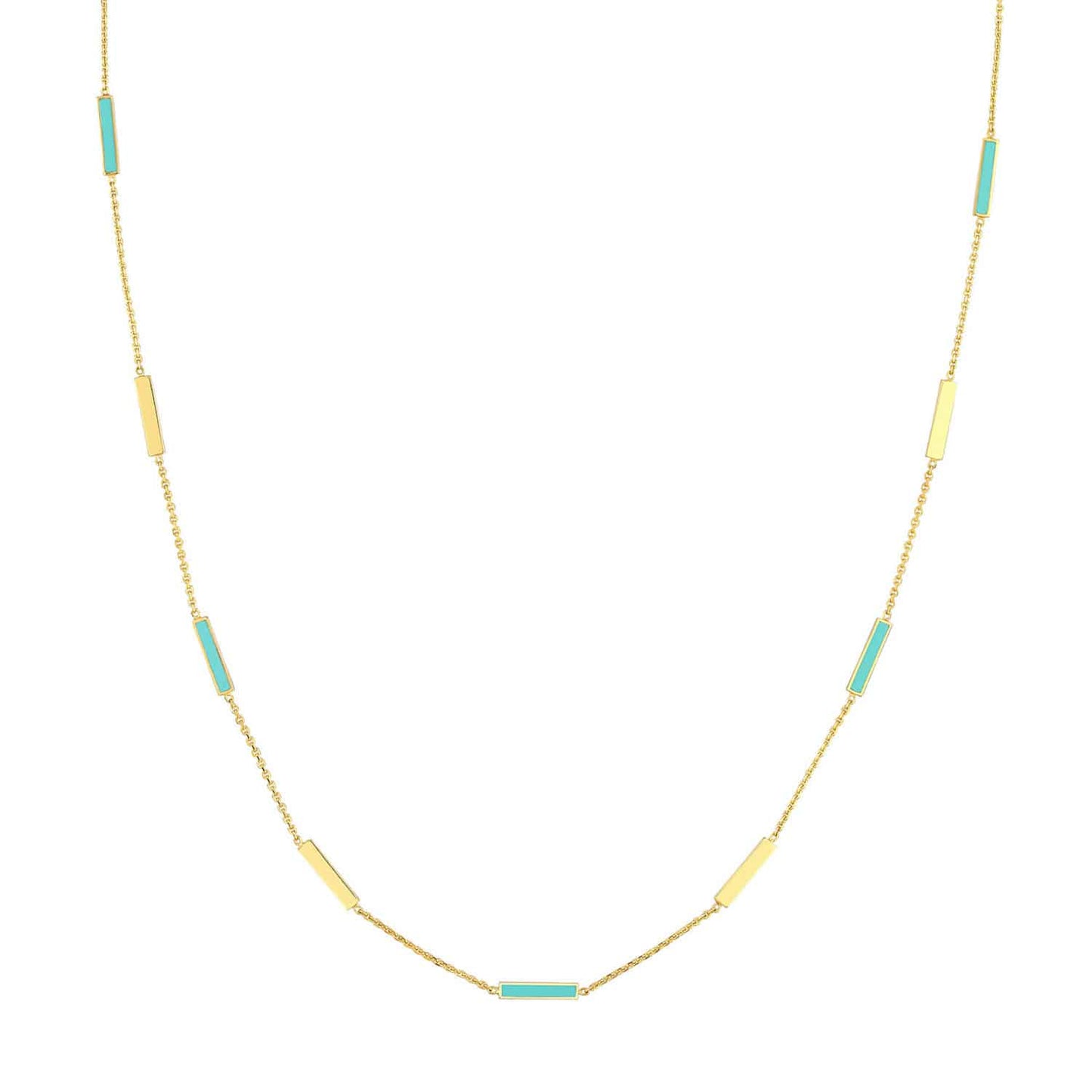 14K Gold Alternating Turquoise Enamel Bar Station Cable Necklace 18"
