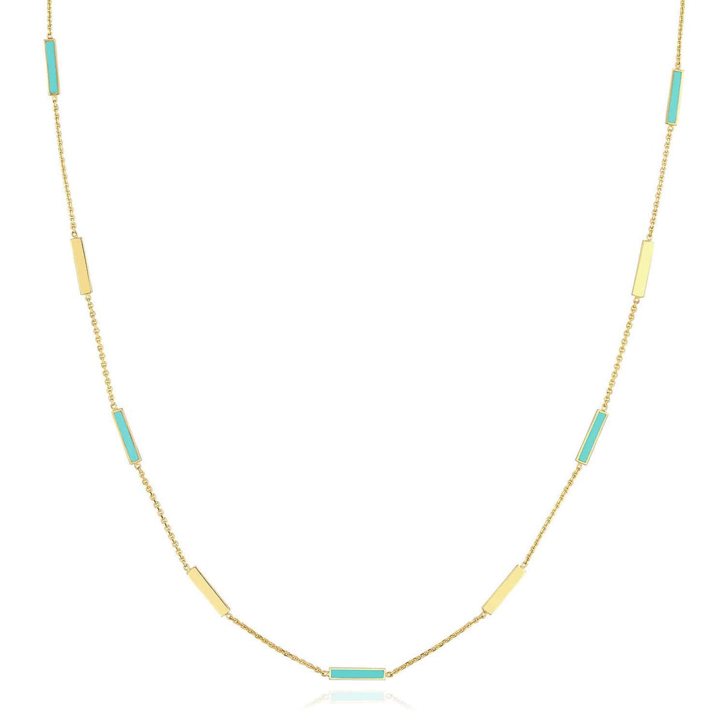 14K Gold Alternating Turquoise Enamel Bar Station Cable Necklace 18"