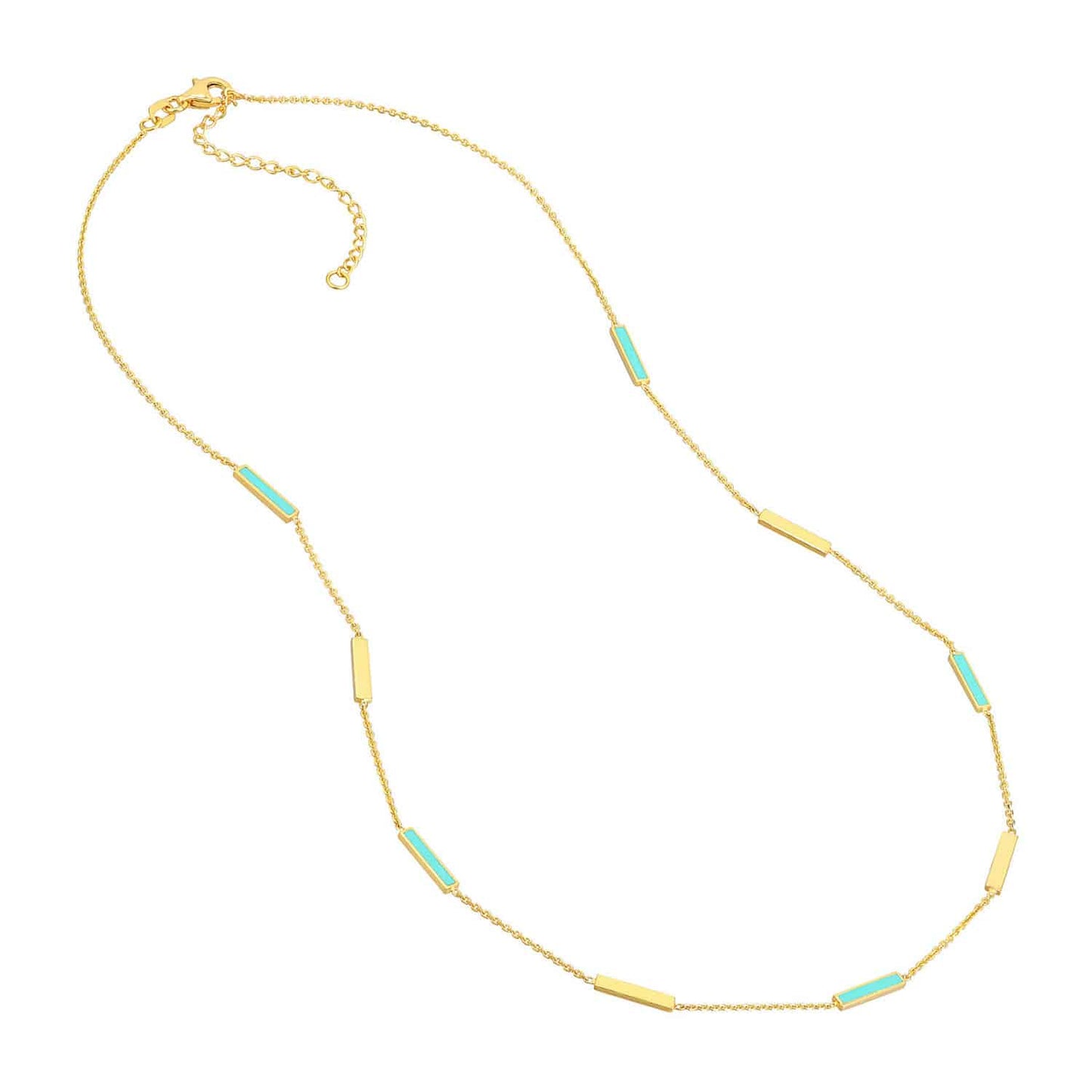 14K Gold Alternating Turquoise Enamel Bar Station Cable Necklace 18"
