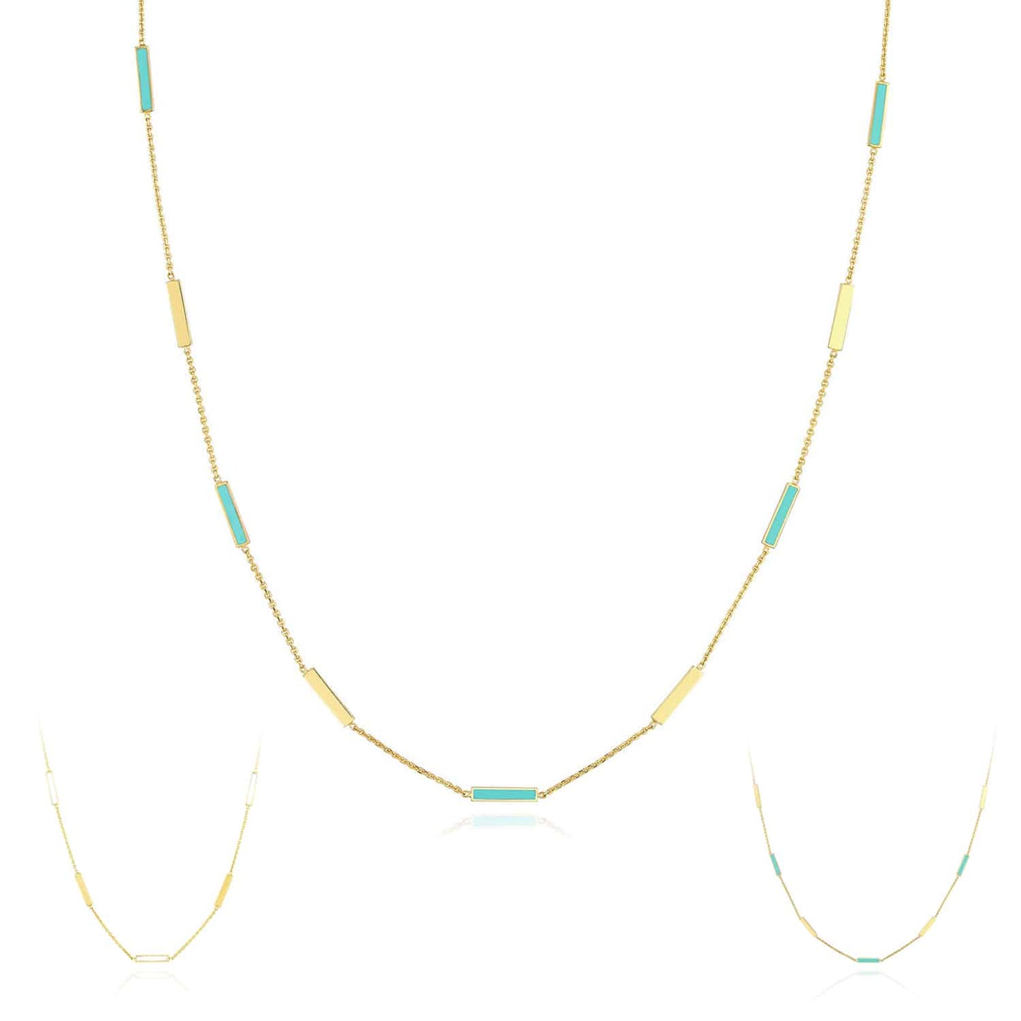 14K Gold Alternating Turquoise Enamel Bar Station Cable Necklace 18"